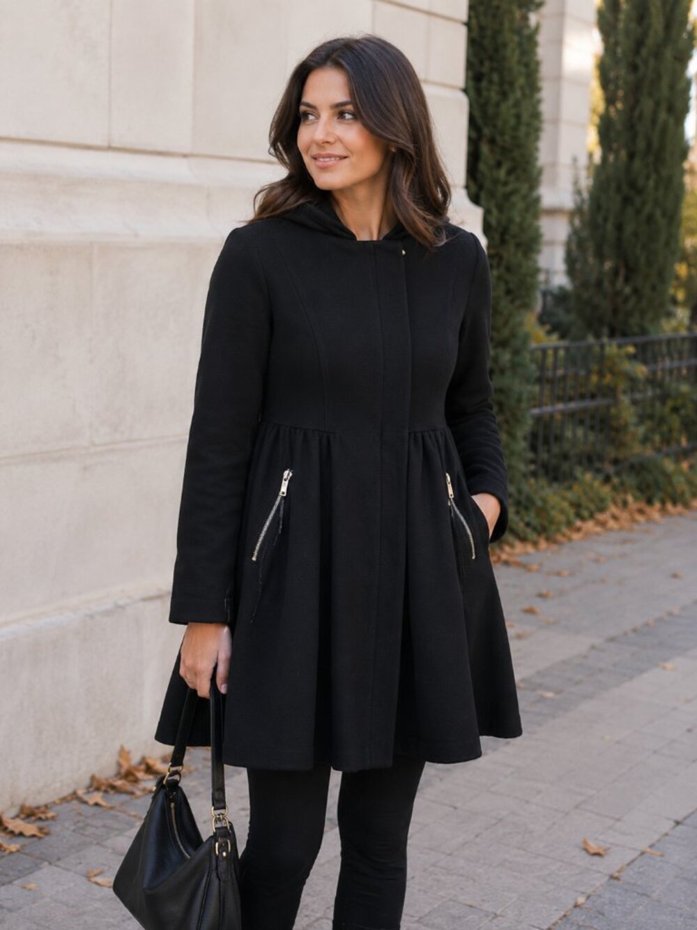 Zara Trafaluc Black Zip Up Flowy Flare Coat Minimalist Goth Jacket